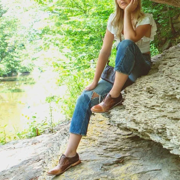 Bed Stu Rose Cap Toe Oxford Distressed Brown Leather Laceless 8.5 - Picture 2 of 10